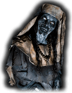 Deranged nun with white eyes stares at Michigan haunted house website visitors.