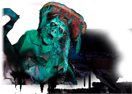 Green Zombie with a planted hat in the Hush Haunted Attraction underground mines.