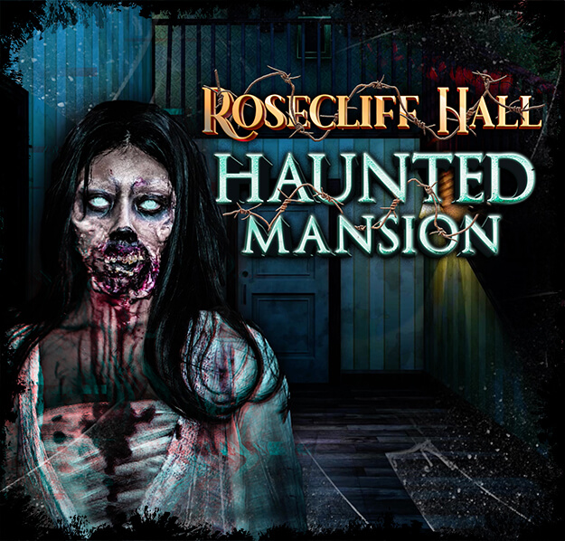 Bloody zombie invites you to the Rosecliff Hall haunted mansion at the Michigan haunted house near me.
