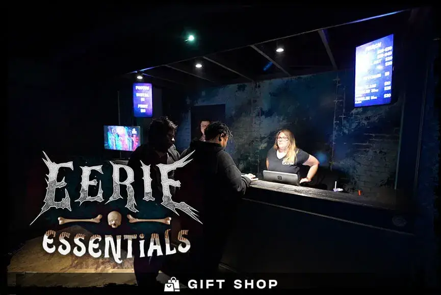 Haunted house gift shop with spooky decor