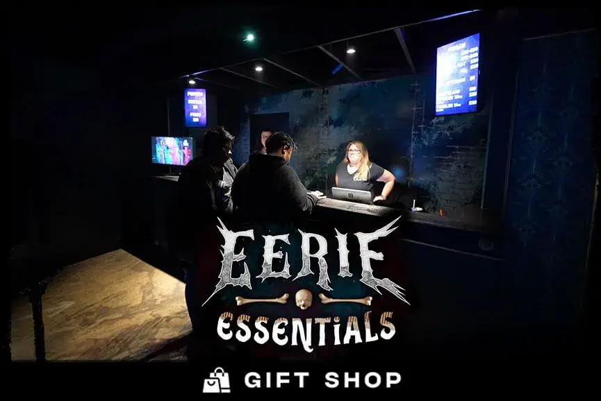 Haunted house gift shop with spooky decor