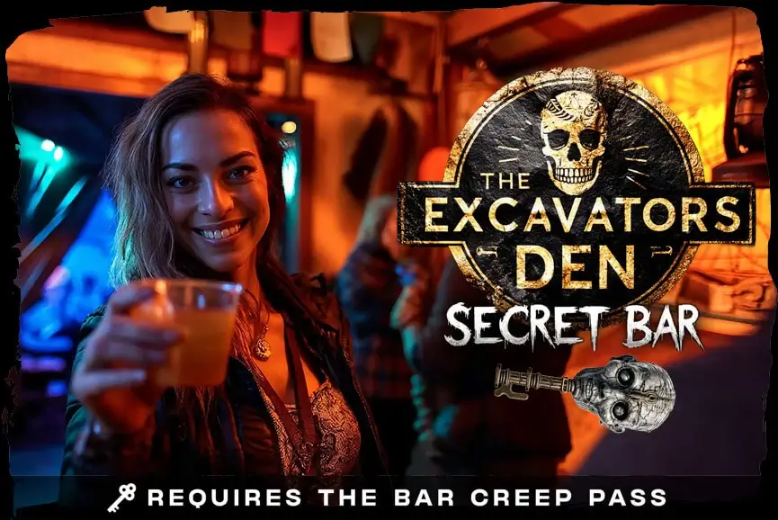 Guest raising a cocktail in The Excavator’s Den secret bar, available with Bar Creep Pass at Hush Haunted Attraction, MI.