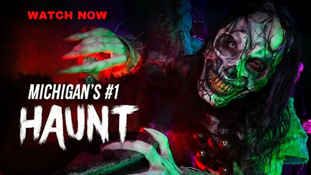 Ferocious skull-faced monster lunges under red-green lights beside text “Michigan’s #1 Haunt – Watch Now,” promoting Hush Haunted Attraction trailer.