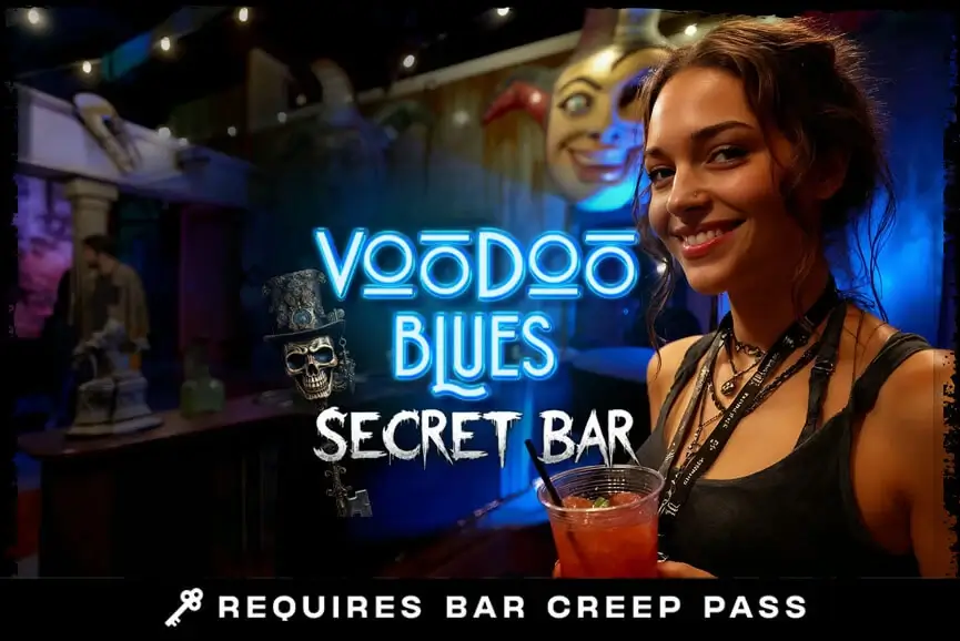 Smiling guest with cocktail at Voodoo Blues secret bar, accessible via Bar Creep Pass at Hush Haunted Attraction, MI.