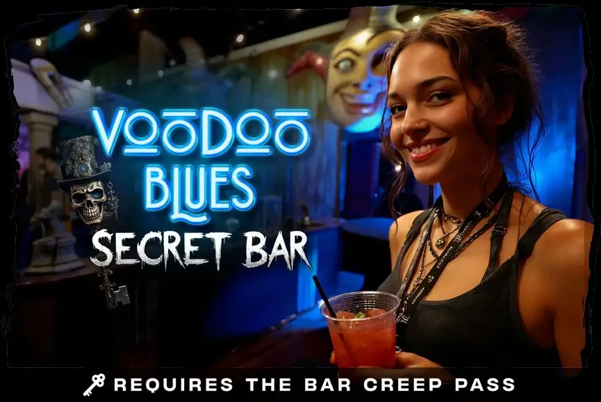 Smiling guest with cocktail at Voodoo Blues secret bar, accessible via Bar Creep Pass at Hush Haunted Attraction, MI.