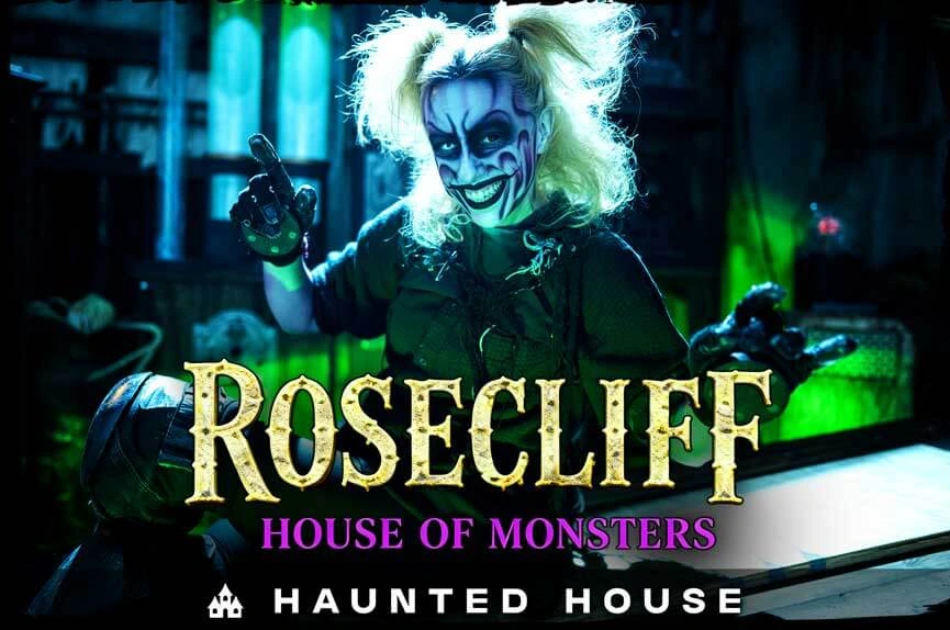 A manic, terrifying figure with wild blonde hair, smeared face paint, and a stitched grin points menacingly in a green-lit laboratory setting. The text reads "Rosecliff House of Monsters. Haunted House."